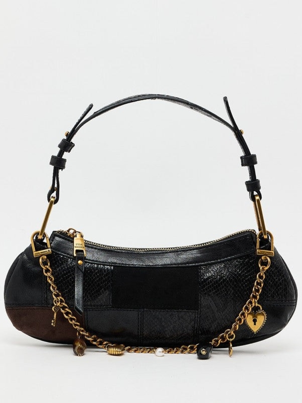 Steve Madden Black Patchwork Shoulder Bag with Gold Charm Chain